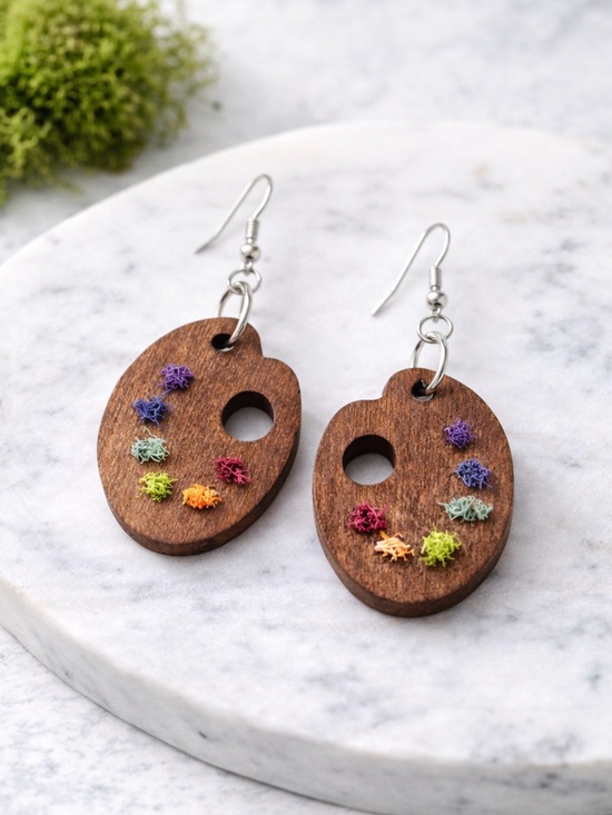 Jewelry - Wood Artist Palette Earrings with Rainbow Accent